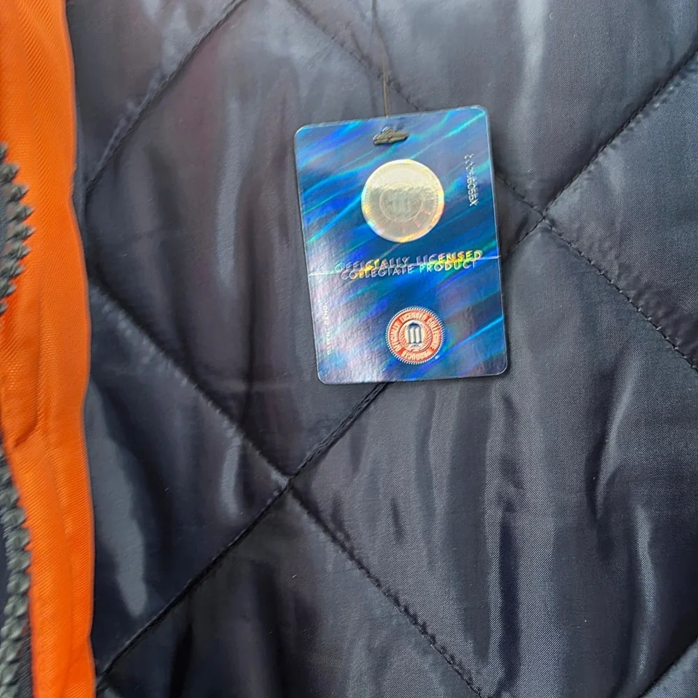VINTAGE 90S ILLINOIS FIGHTING ILLINI PUFFER JACKET MENS LARGE BLUE ORANGE NEW!!